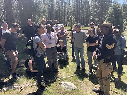 Park Ranger Shelton Johnson delivers field lecture in Yosemite on innovative interpretive techniques around the Buffalo Soldiers of the Ninth Cavalry